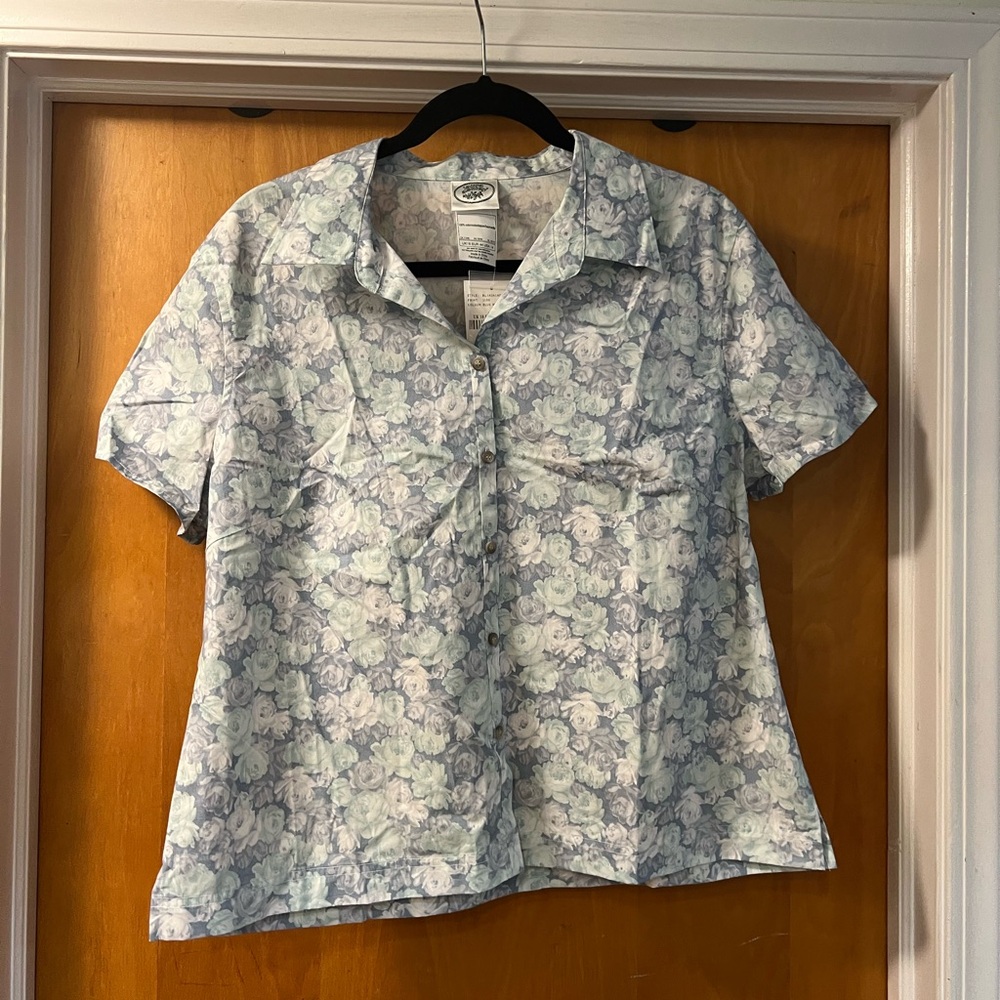 Vintage Laura Ashley blue floral short sleeve button up shirt - size 14